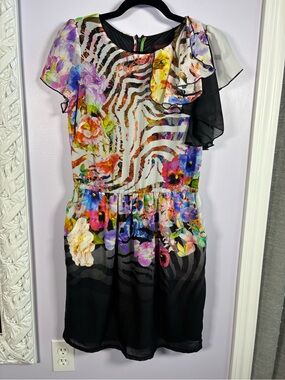 Simon Chang Multicolor Floral Print Dress with Sleeve Detail Size 6